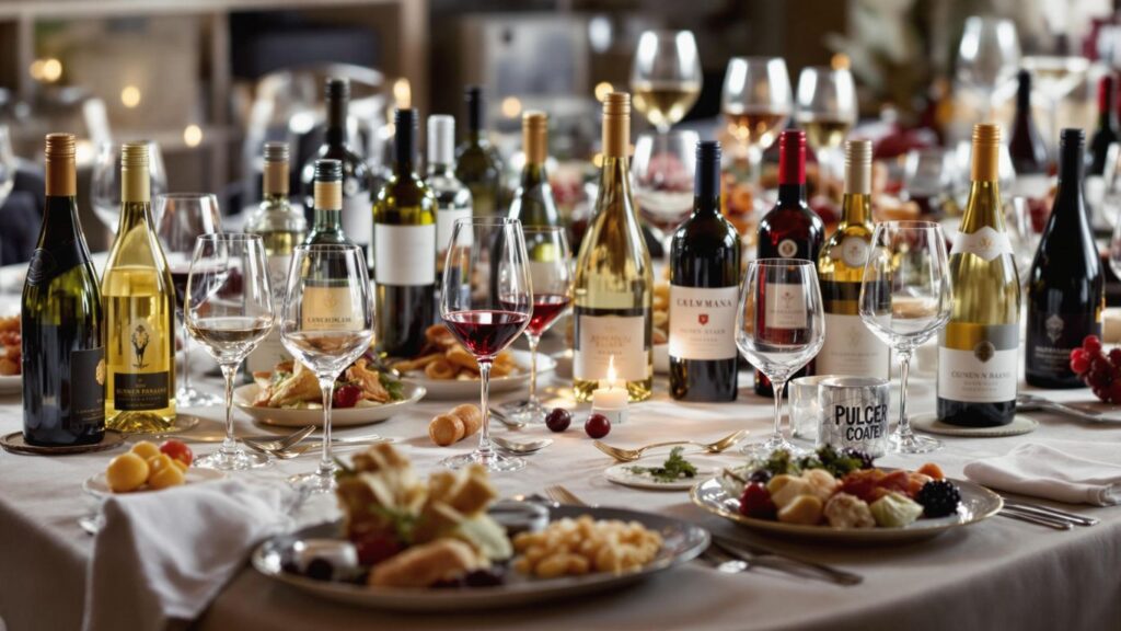 Elegant dinner table with unique wines and gourmet food.