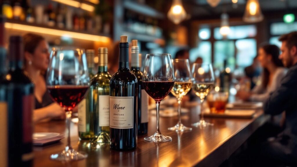 People enjoying wine at a lively bar setting.