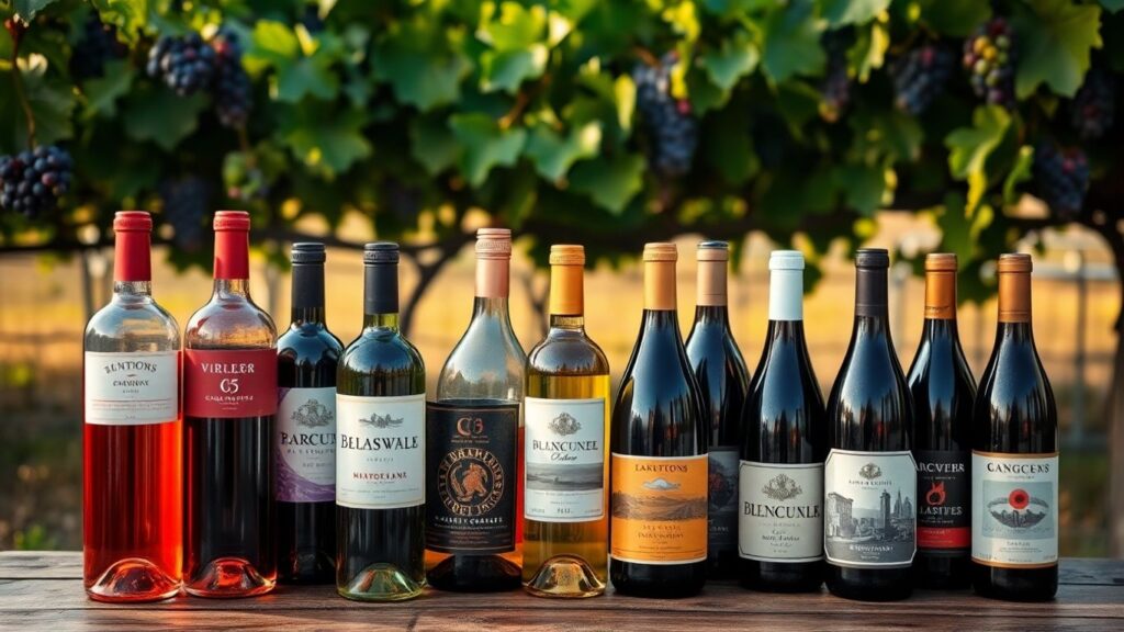 Colorful wine bottles from top brands on a table.