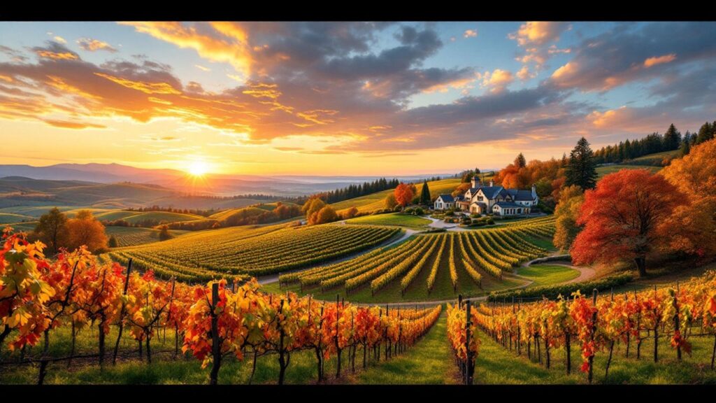 Vineyards and rolling hills at sunset in autumn.