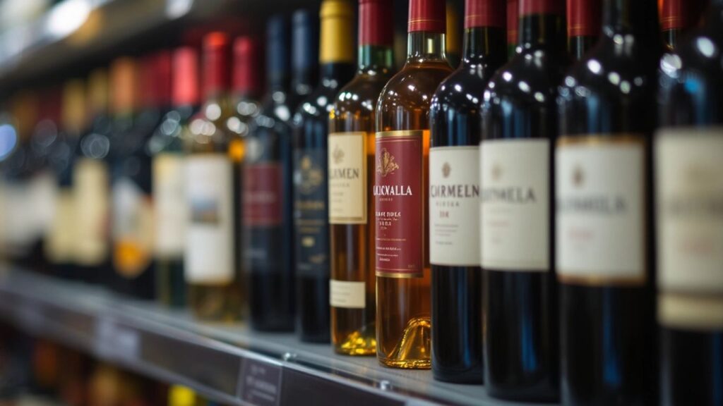 Wine bottles on a retail shelf with diverse labels.