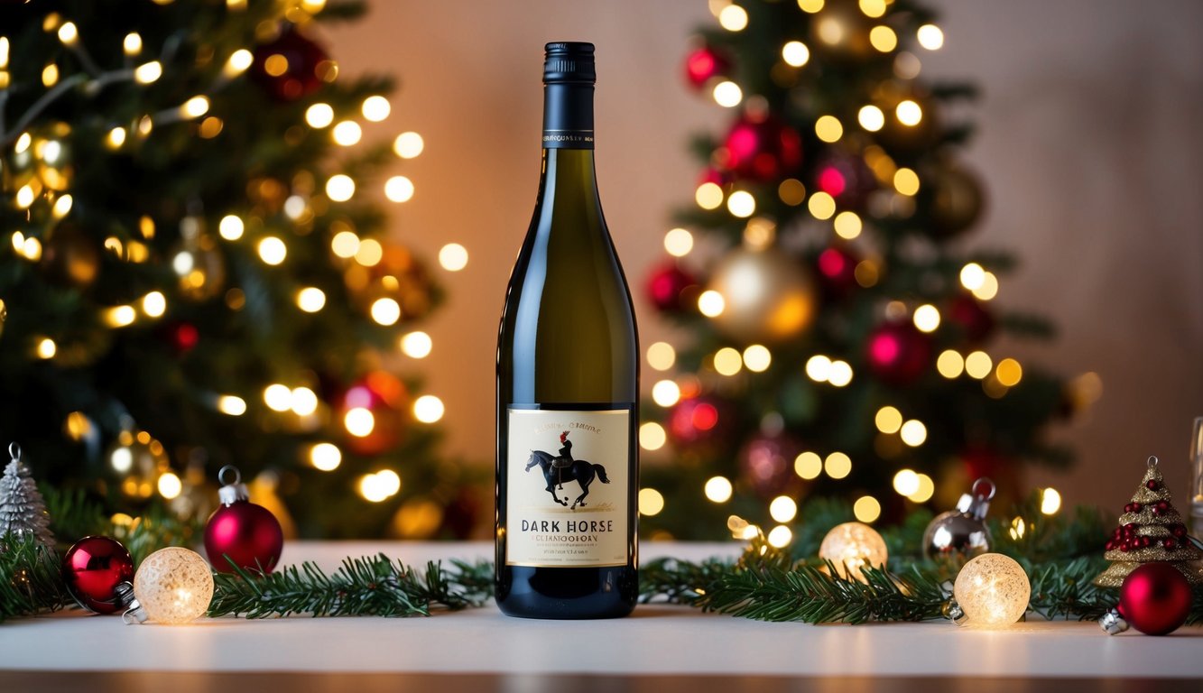 A festive holiday table with a bottle of Dark Horse Chardonnay surrounded by twinkling lights and Christmas decorations