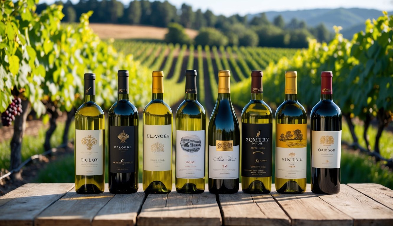 A rustic wooden table with 10 unique wine bottles, each with distinct labels and colors, surrounded by lush vineyard scenery