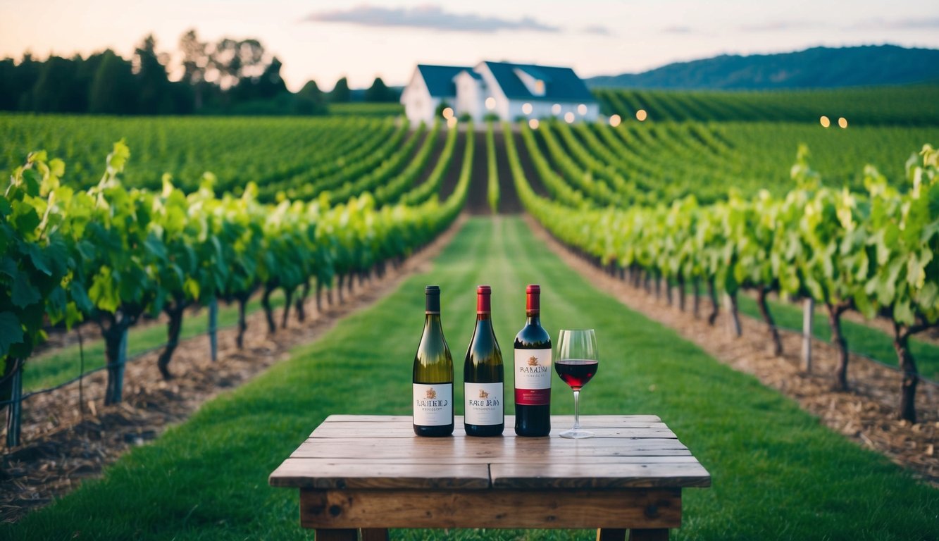 A lush vineyard with rows of grapevines stretching into the distance, a winery building nestled among the greenery, and bottles of wine displayed on a rustic wooden table