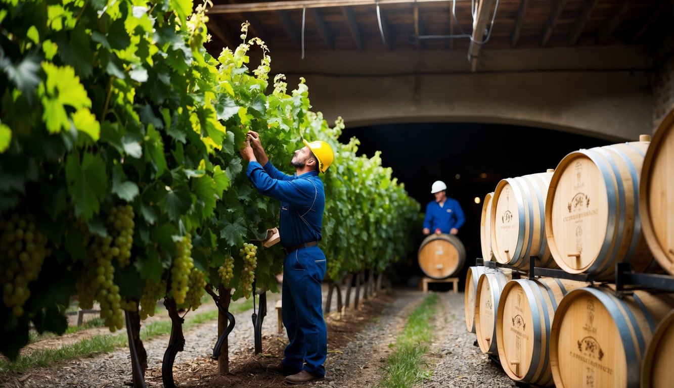 A vineyard worker carefully inspects rows of lush grapevines, while a winemaker meticulously crafts barrels of wine in a rustic cellar