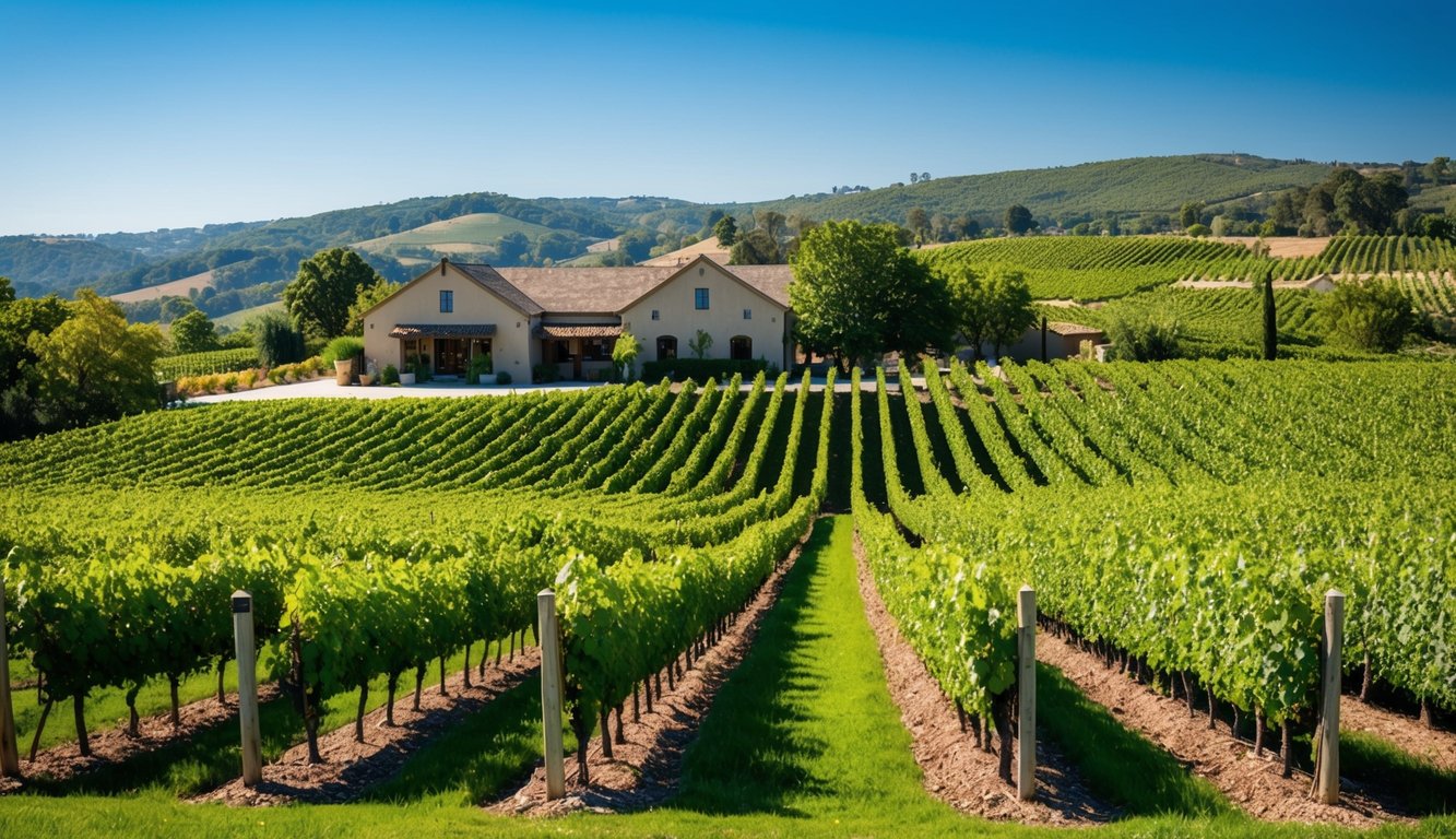 A lush vineyard with rows of grapevines stretching into the distance, under a clear blue sky. A rustic winery building sits in the background, surrounded by rolling hills and greenery