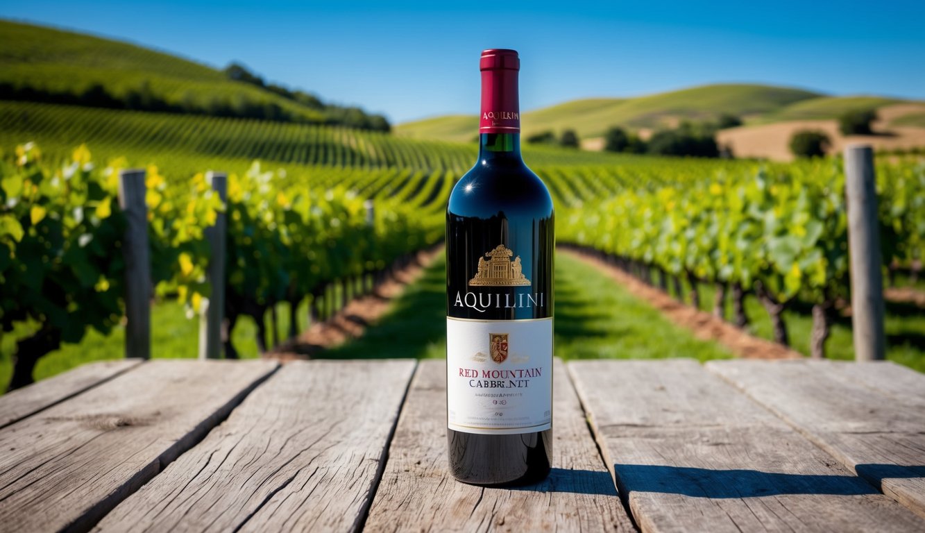 A bottle of Aquilini Red Mountain Cabernet stands on a rustic wooden table, surrounded by lush green vineyards and rolling hills under a clear blue sky