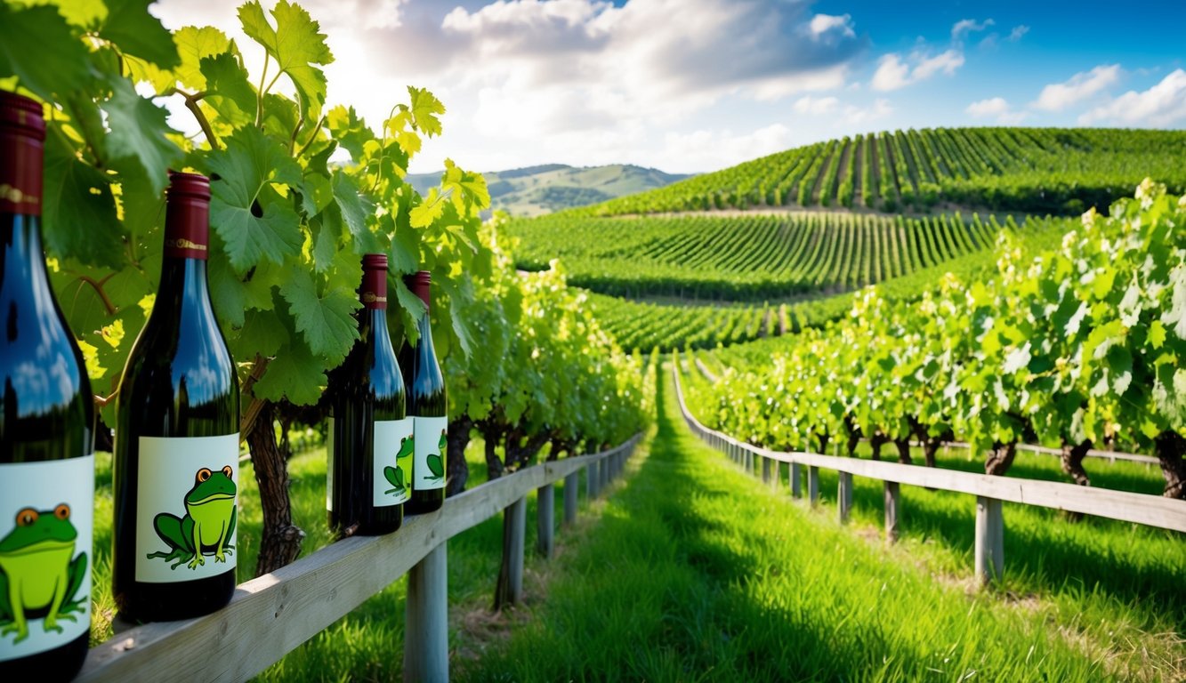 A lush vineyard with vibrant green grapevines stretching across rolling hills, with a striking frog motif adorning the wine bottles