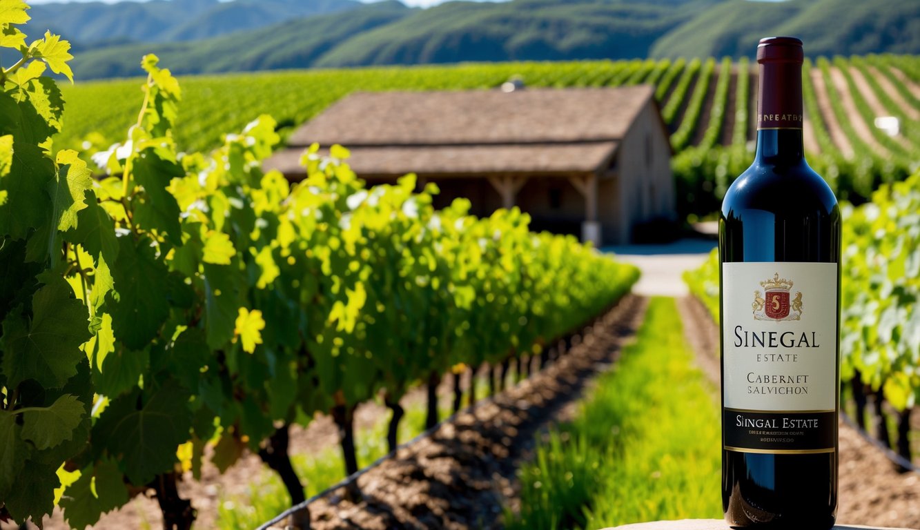 A lush vineyard with rows of vibrant green grapevines, a rustic winery building in the background, and a bottle of Sinegal Estate Cabernet Sauvignon displayed prominently in the forefront