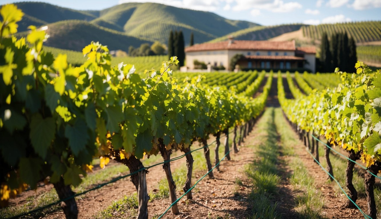 A rustic vineyard scene with rolling hills, lush grapevines, and a charming winery building in the background