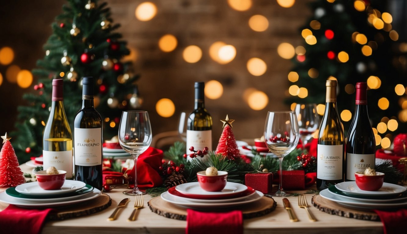 A festive table set with a variety of Christmas dishes and bottles of affordable wines