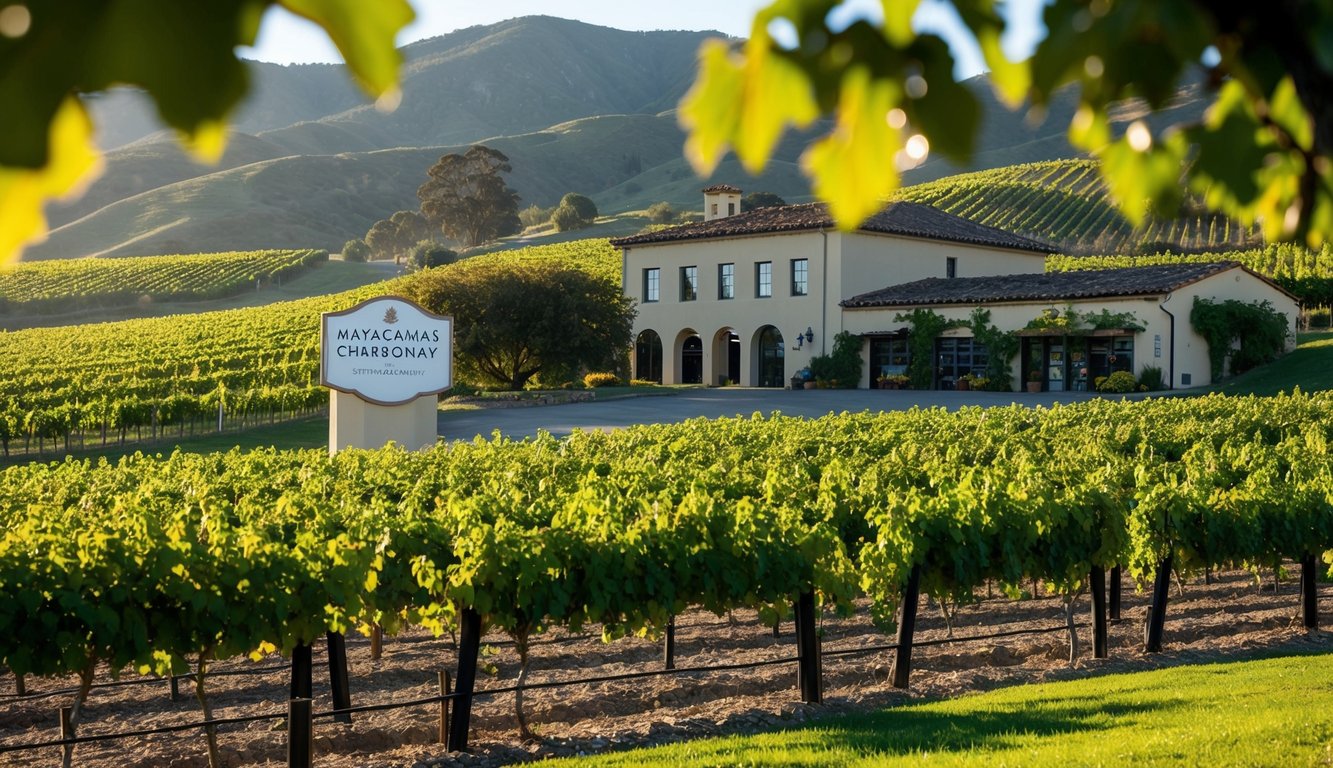 A lush vineyard scene with rolling hills, grapevines, and a rustic winery building, with the Mayacamas Chardonnay prominently displayed