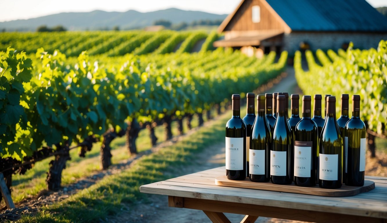 A vineyard landscape with rows of grapevines, a rustic winery building, and bottles of wine displayed on a wooden table