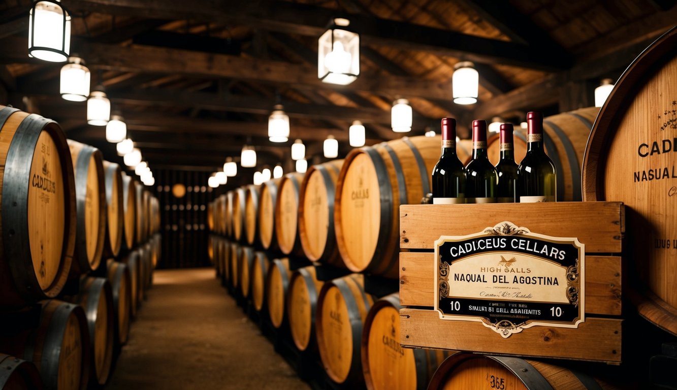 A rustic wine cellar with rows of oak barrels, dimly lit by hanging lanterns. A vintage label for "Caduceus Cellars Nagual del Agostina 10" is prominently displayed on a wooden crate