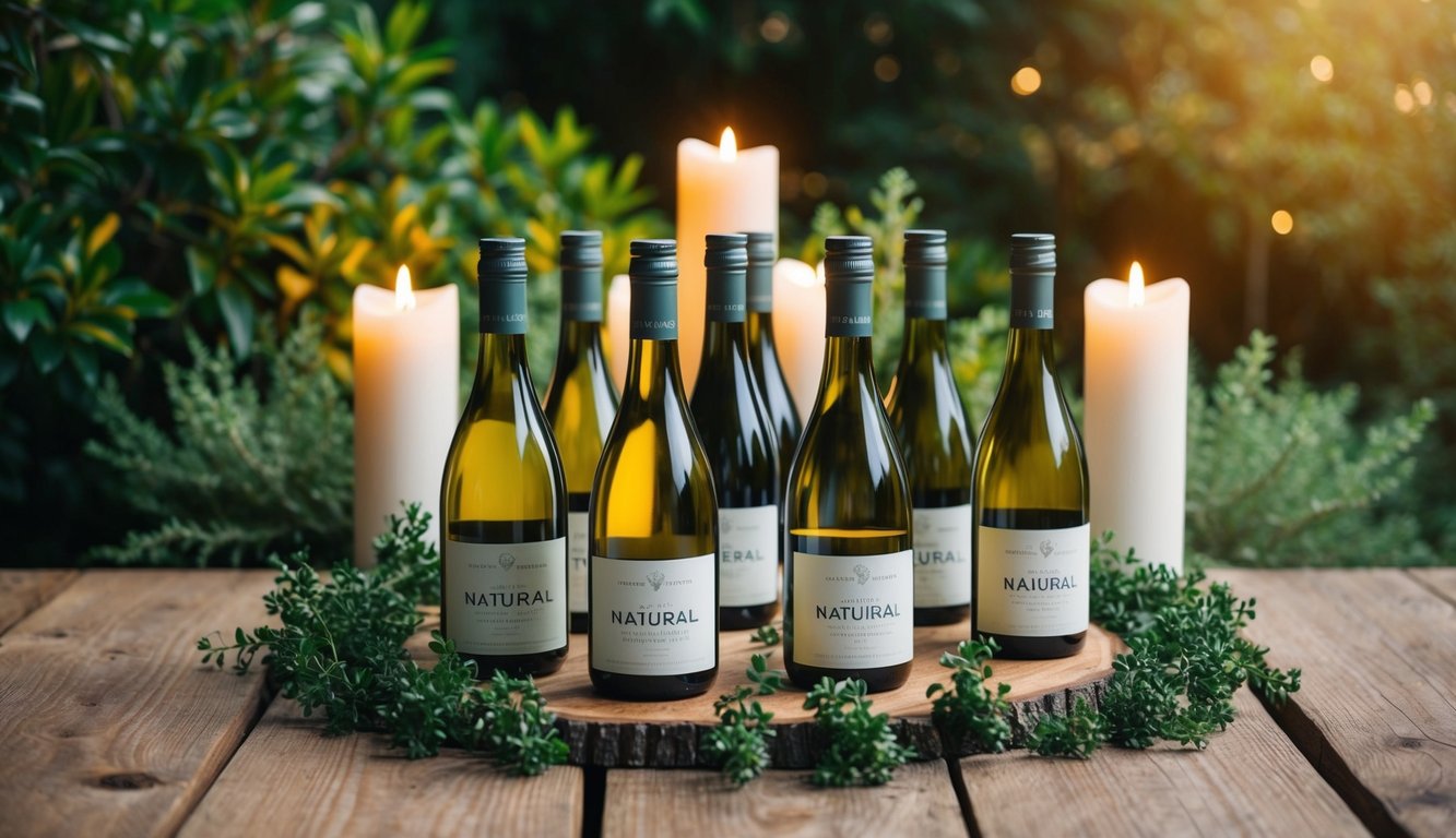 A rustic wooden table with 10 open bottles of natural wine, surrounded by lush greenery and soft candlelight