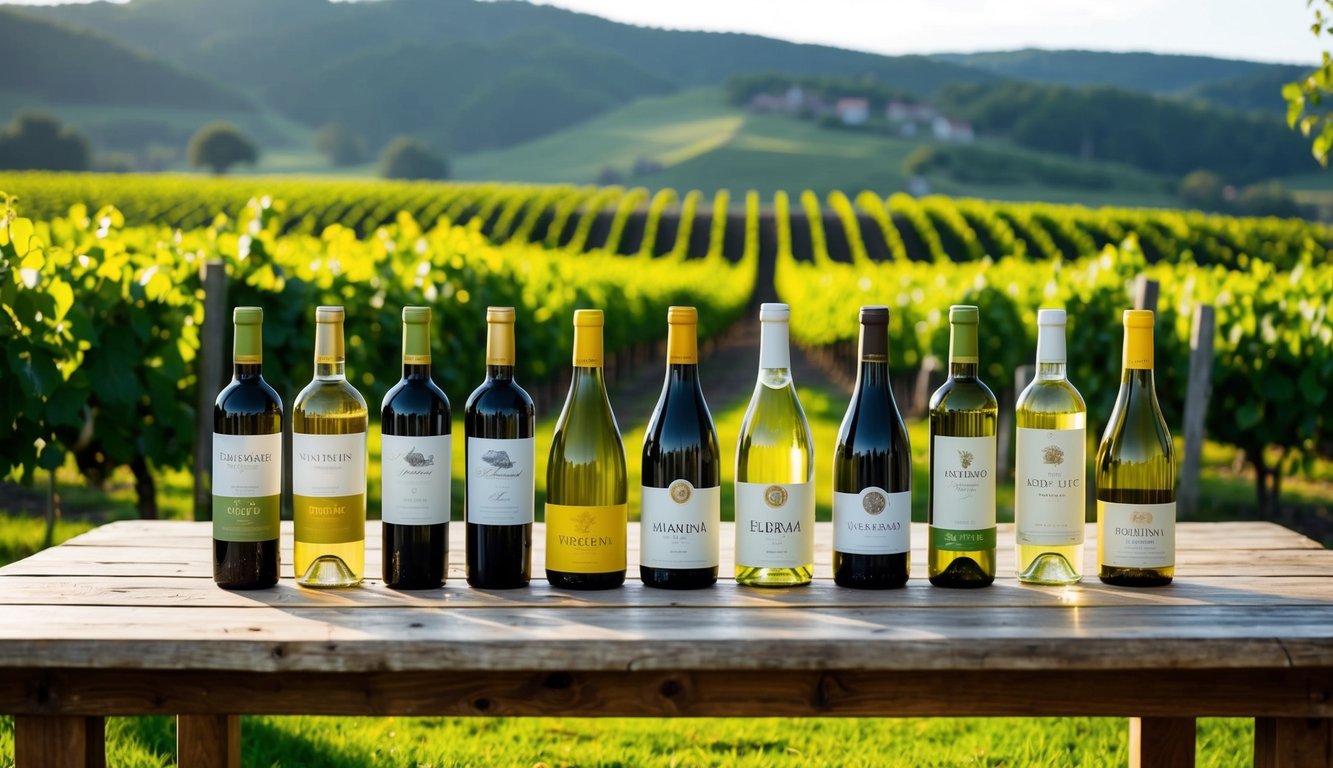 A rustic wooden table adorned with 10 different bottles of natural wine, surrounded by lush green vineyards and rolling hills in the background