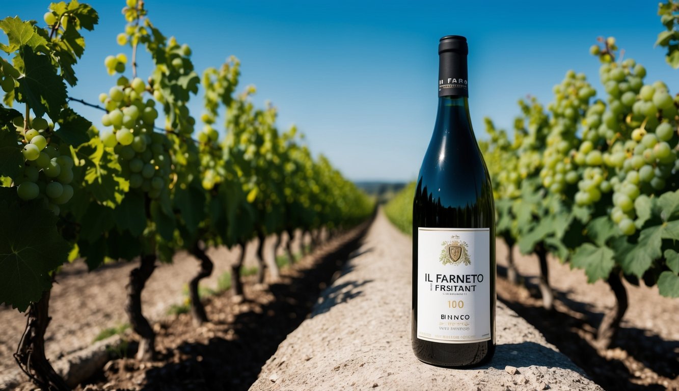 A rustic vineyard with rows of lush green grapevines under a clear blue sky, with a bottle of Il Farneto Frisant Bianco 10 Natural Wines displayed prominently