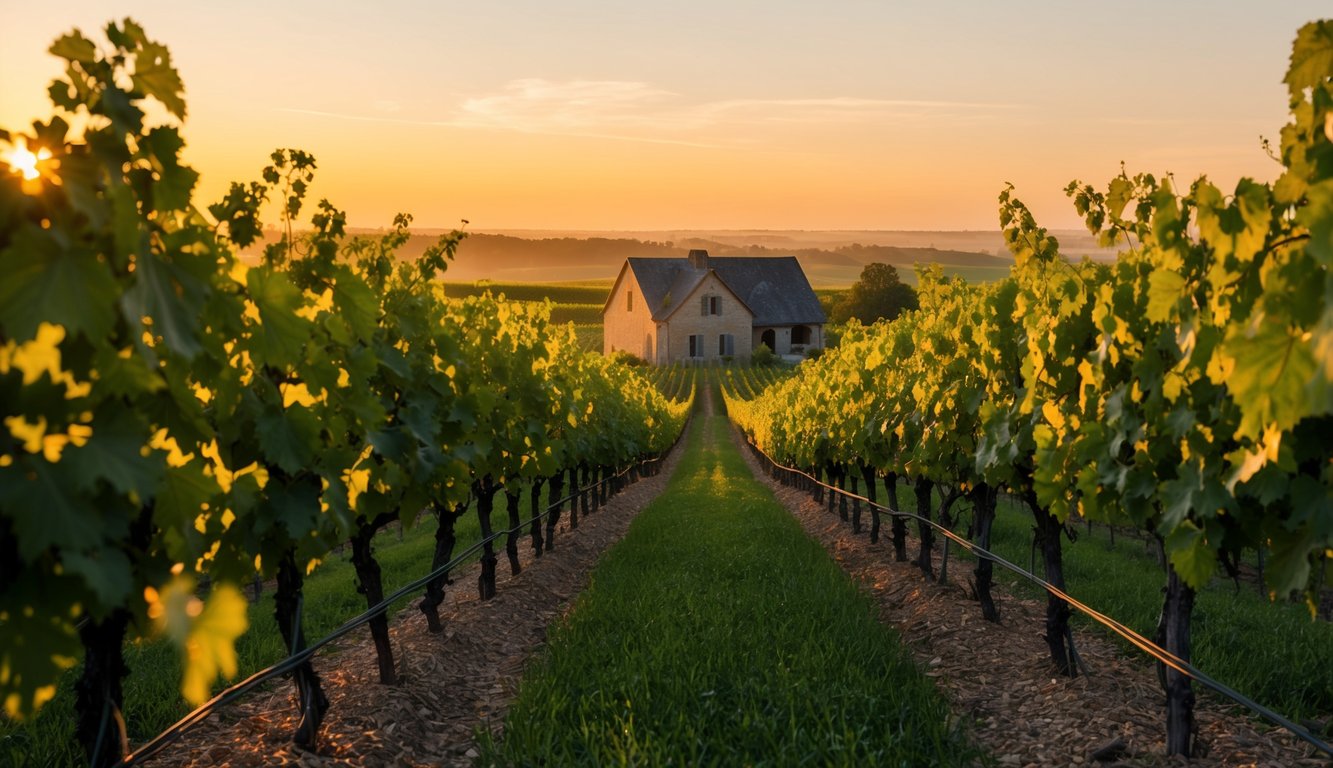 A vineyard at sunset, with rows of grapevines bathed in warm golden light. A rustic farmhouse in the background, and a gentle breeze rustling the leaves