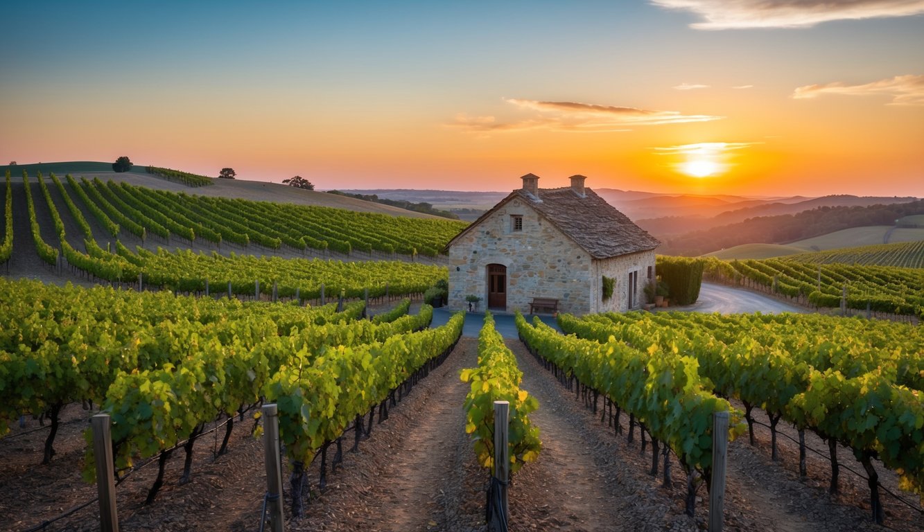 A rustic vineyard with rolling hills, rows of grapevines, and a quaint stone building. The sun sets behind the horizon, casting a warm glow over the picturesque scene