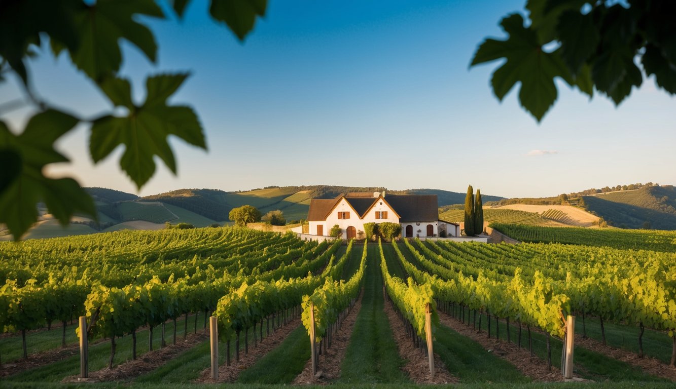 A rustic vineyard with rolling hills and a quaint winery, surrounded by lush greenery and grapevines under a clear blue sky