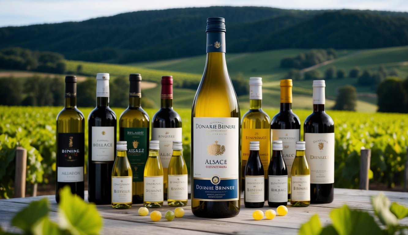 A bottle of Domaine Binner Alsace Gewürztraminer surrounded by 10 different natural wines, with lush vineyards and rolling hills in the background