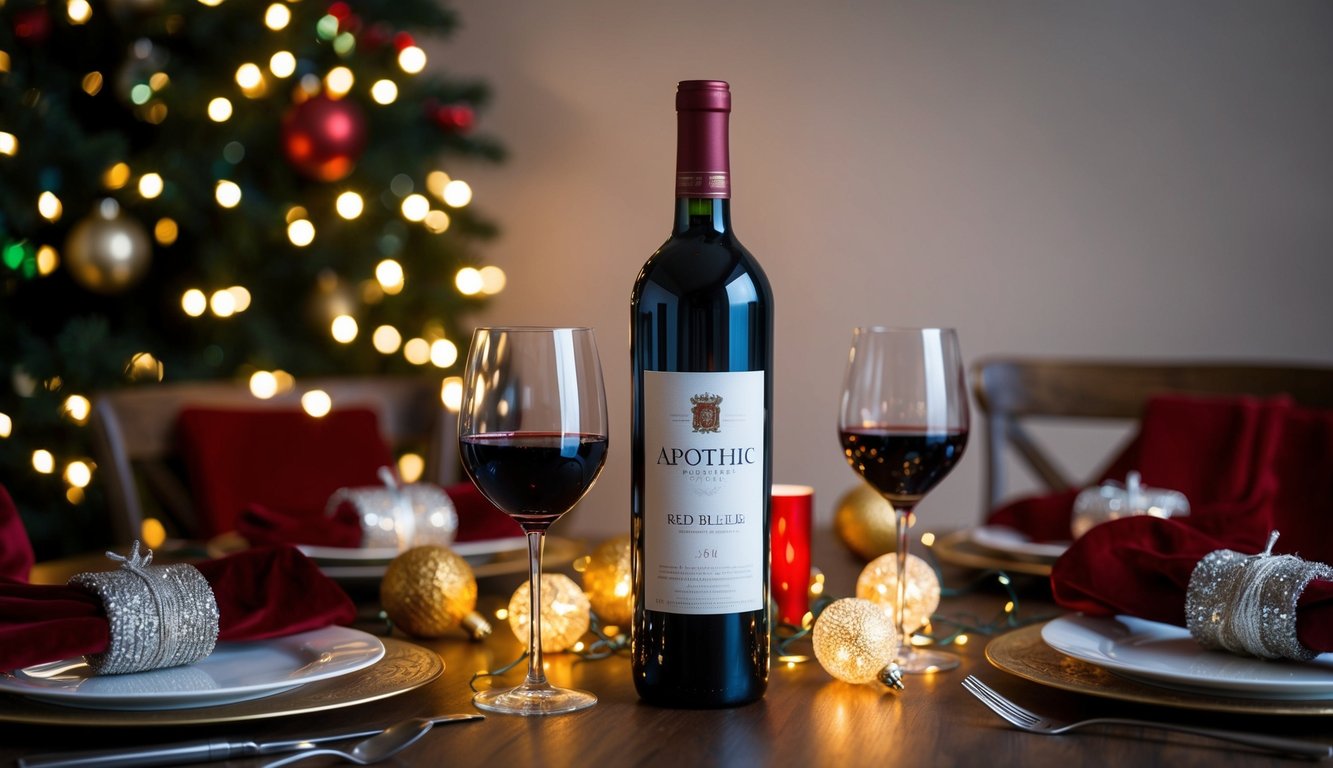 A festive table setting with a bottle of Apothic Red Blend wine, surrounded by holiday decorations and twinkling lights