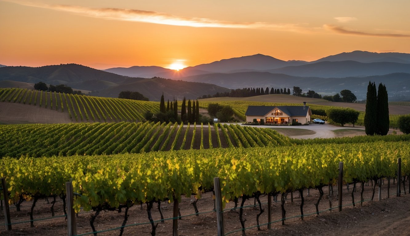 A rustic vineyard with rolling hills, rows of grapevines, and a cozy winery nestled in the distance. The sun sets behind the mountains, casting a warm glow over the landscape