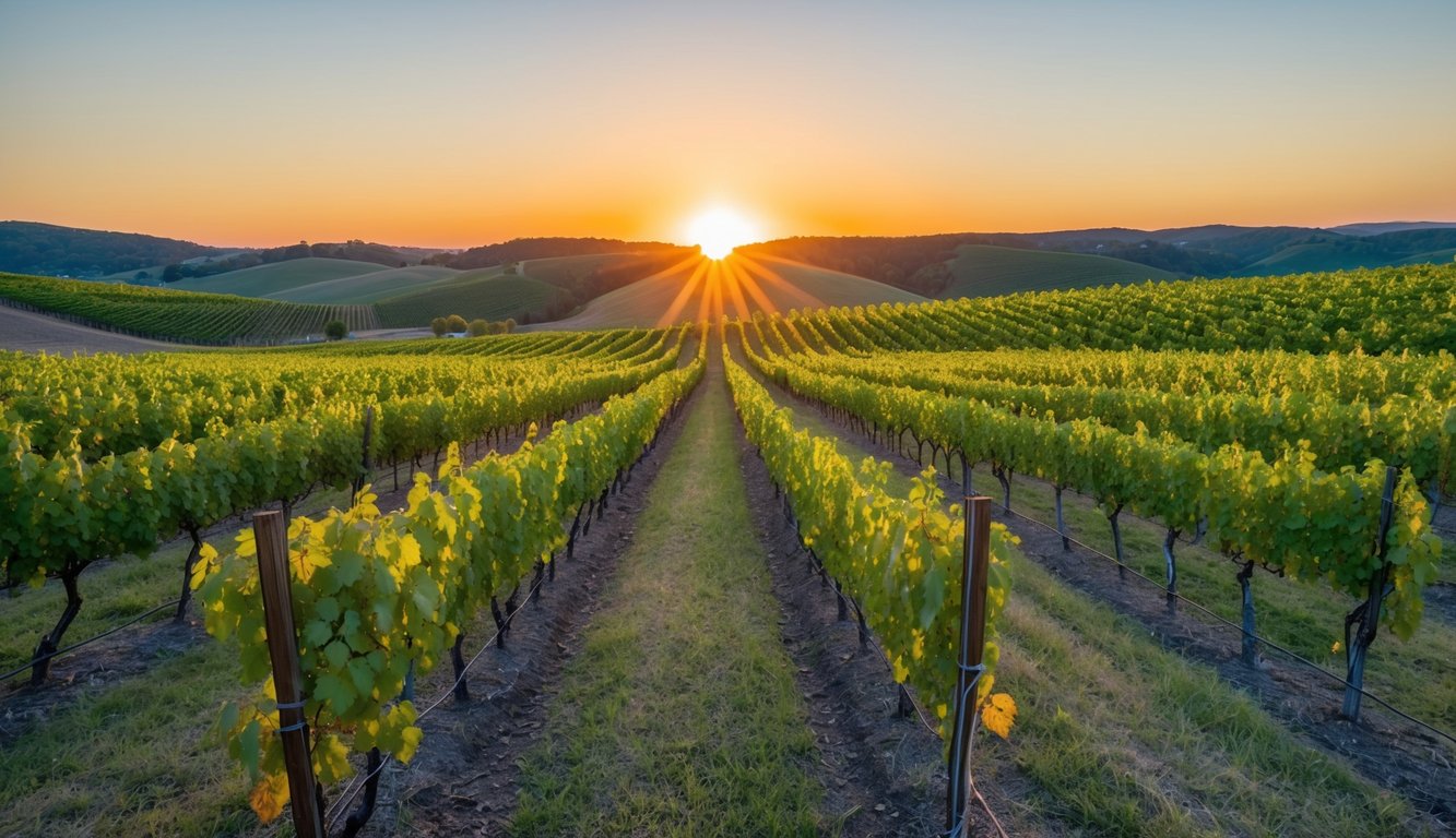 A rustic vineyard with rows of lush, green grapevines under a clear blue sky, surrounded by rolling hills and a warm, golden sunset