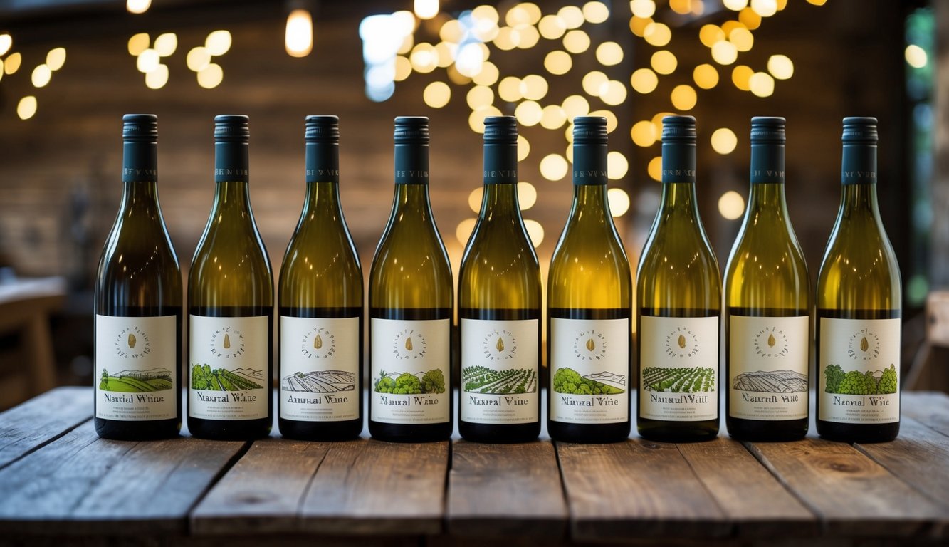 A rustic wooden table adorned with ten unique bottles of natural wine, each label featuring hand-drawn illustrations of vineyards and organic symbols