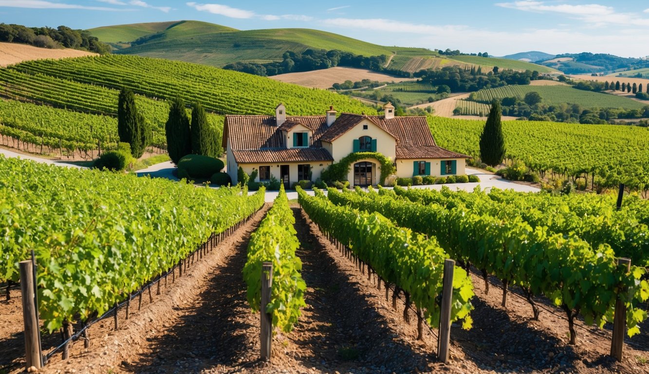 A rustic vineyard with rolling hills, lush green vines, and a quaint winery, surrounded by the beautiful countryside