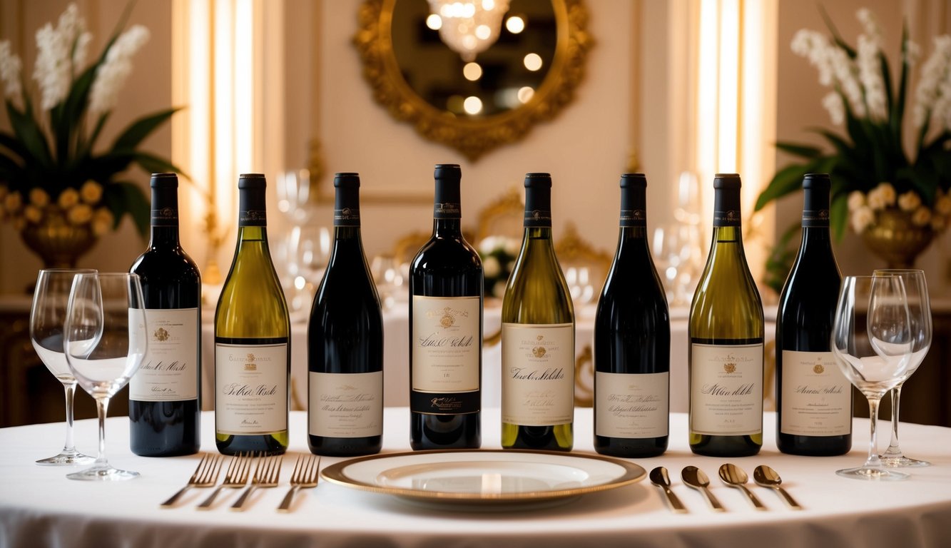 A lavish table setting with eight elegant wine bottles and accompanying glassware, set against a backdrop of opulent decor and soft lighting