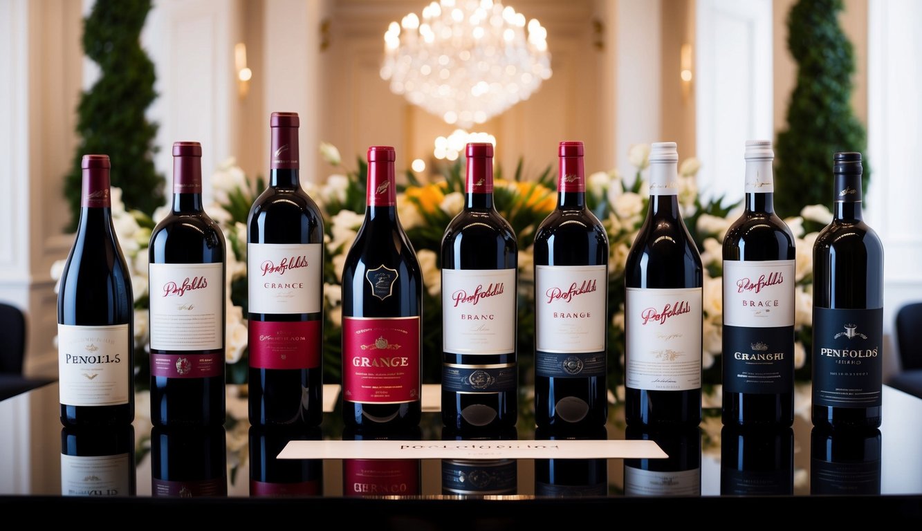 A lavish display of top luxury wine brands, including Penfolds Grange, set against a backdrop of elegant surroundings