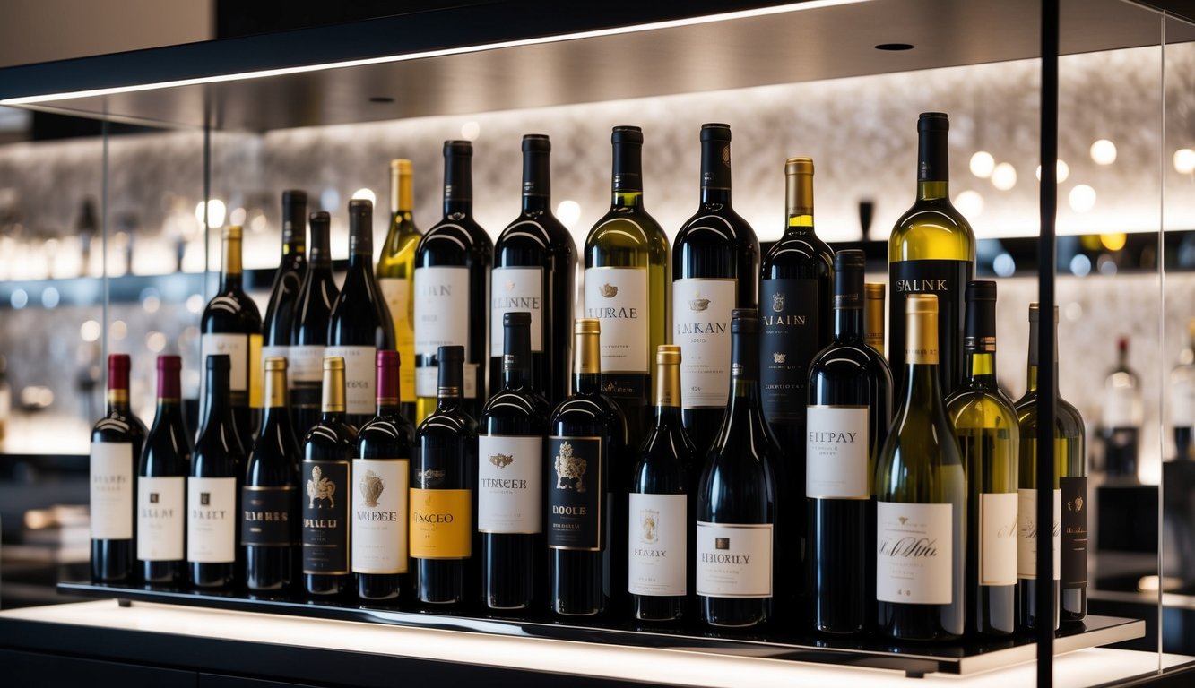 A lavish display of top luxury wine brands arranged on a sleek, modern wine rack with elegant lighting highlighting the bottles