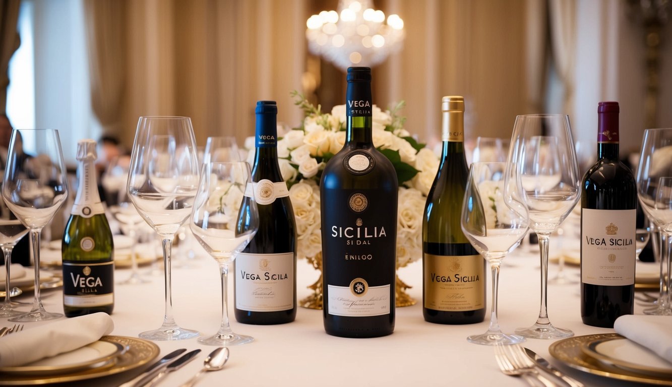 A grand banquet table adorned with opulent glassware and a bottle of Vega Sicilia Único as the centerpiece, surrounded by other prestigious luxury wine brands