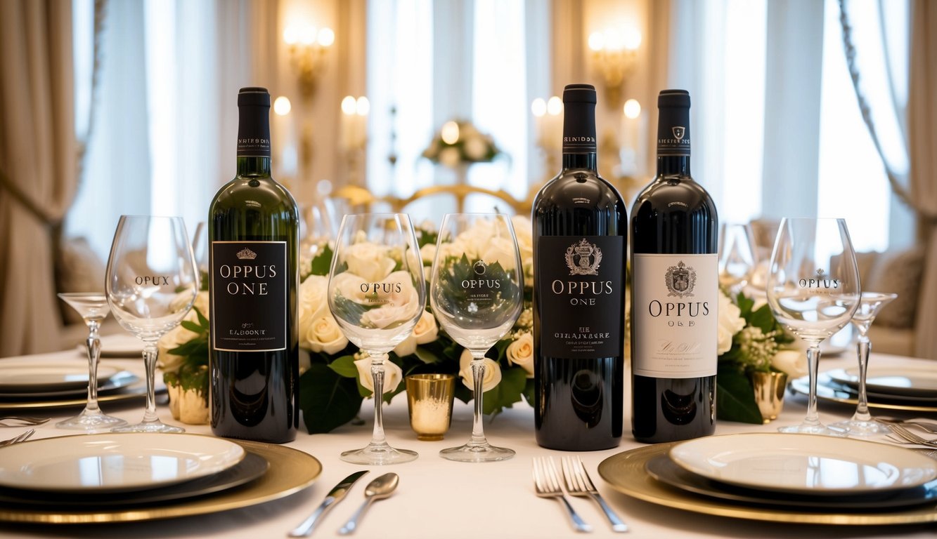 A grand table set with elegant glassware and bottles of Opus One and other luxury wine brands, surrounded by opulent decor and soft lighting