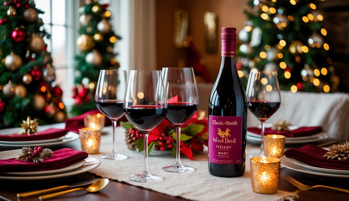 A cozy holiday table set with glasses and a bottle of Charles Smith Velvet Devil Merlot surrounded by festive decorations