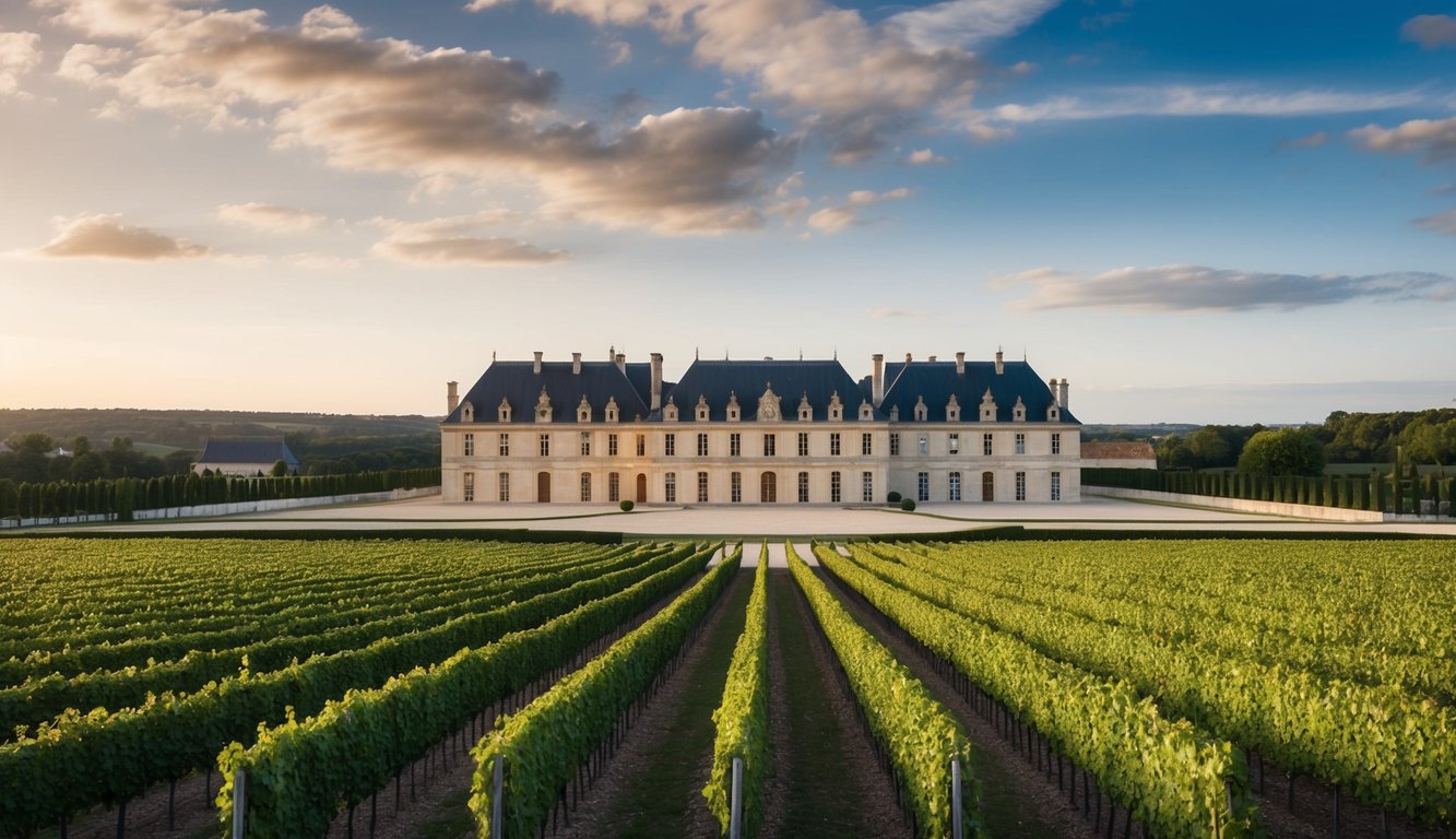 A lavish château with sprawling vineyards and a grand wine cellar, showcasing the opulence of Château Lafite Rothschild