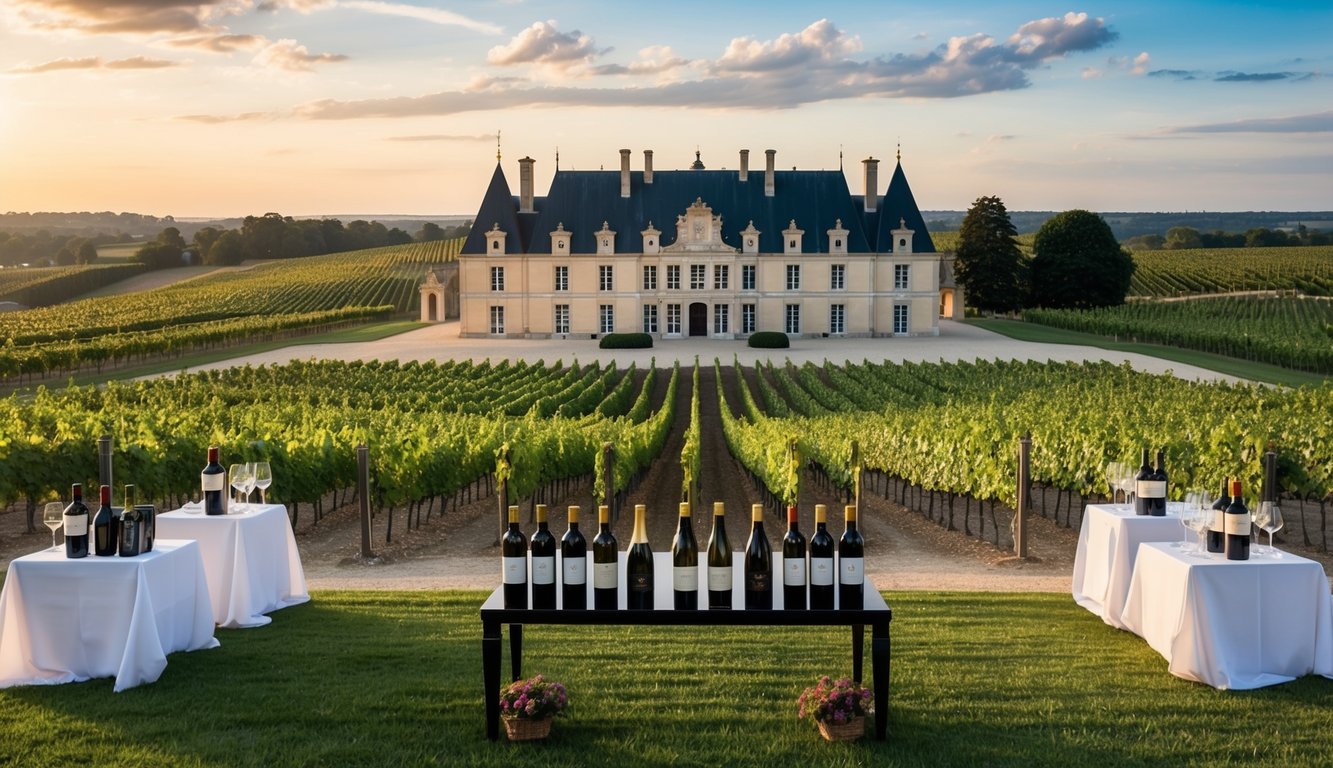 A grand chateau with a sprawling vineyard, elegant wine bottles on display, and a luxurious tasting room with opulent decor