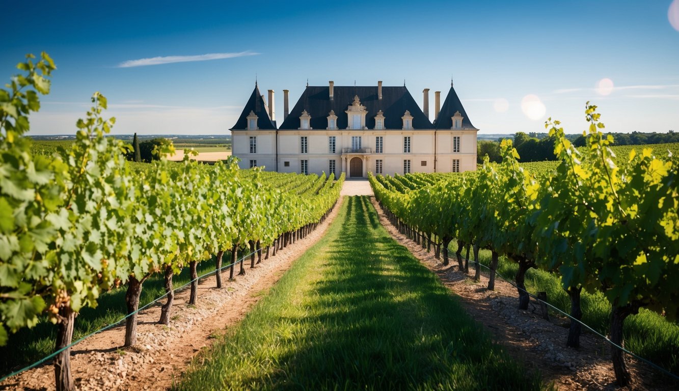 A grand chateau surrounded by lush vineyards, with rows of grapevines stretching towards the horizon, under a clear blue sky