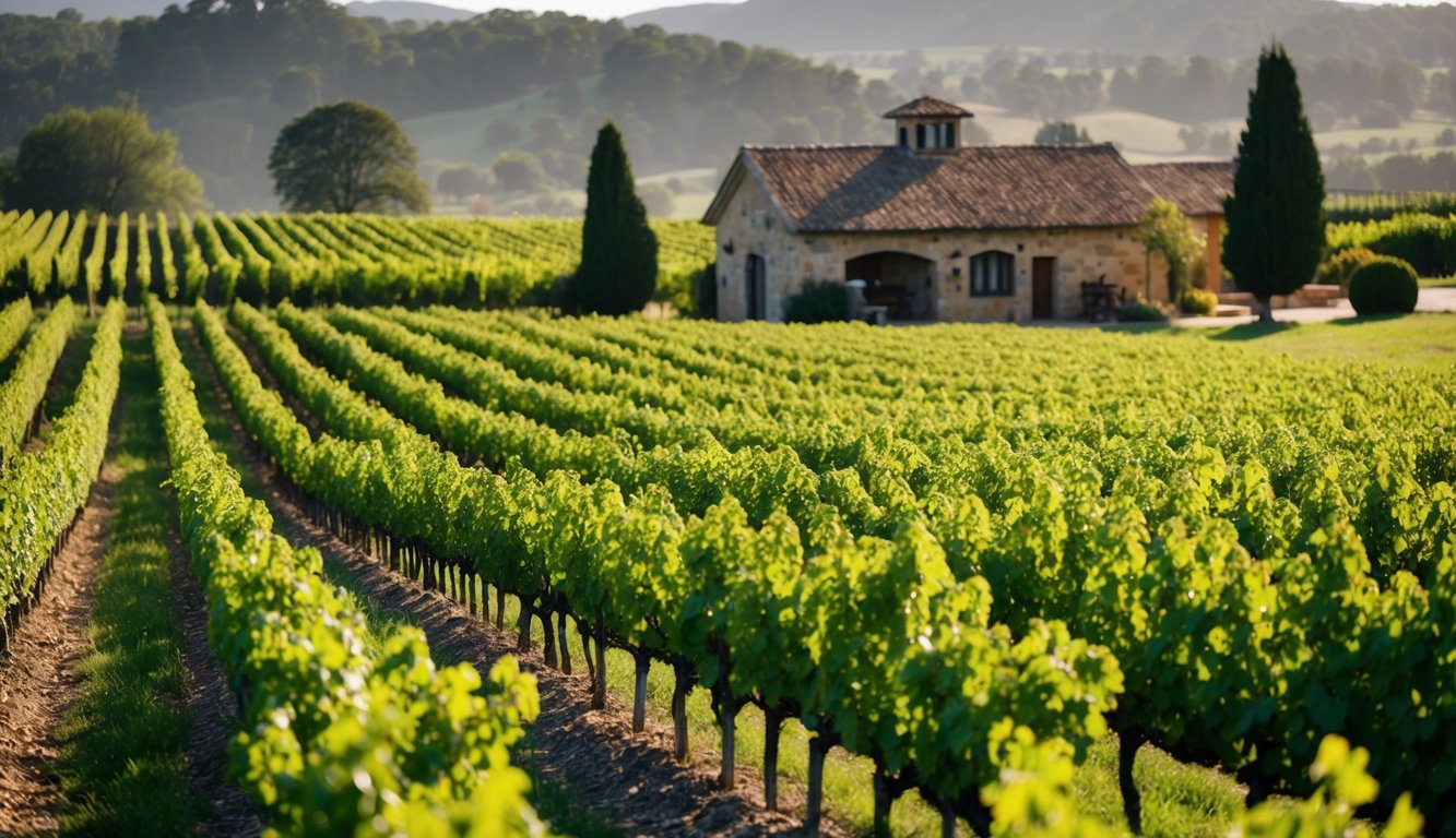 A vineyard with rows of lush, green grapevines under a clear blue sky, with the sun casting a warm glow on the organic wine labels