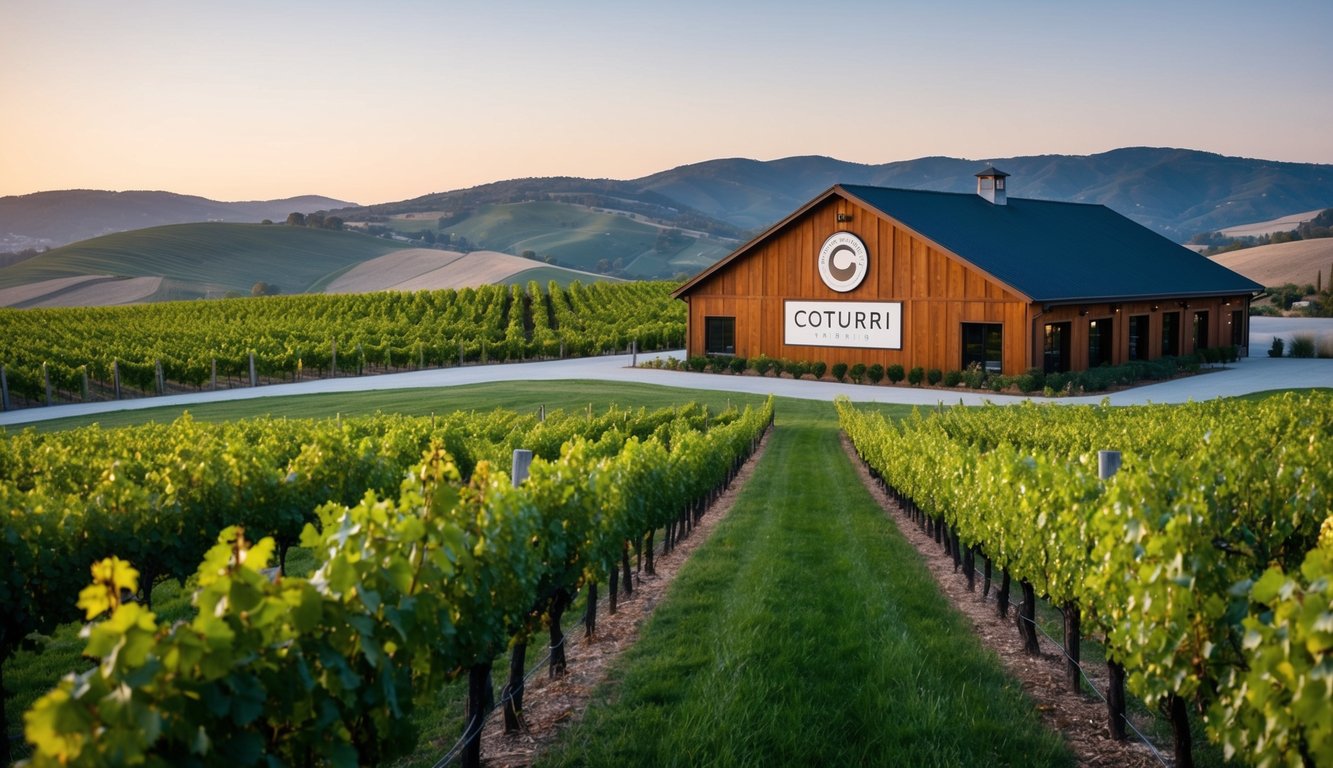 Vineyard with rows of organic grapevines, rolling hills in the background, and a rustic winery building with the Coturri Winery logo prominently displayed