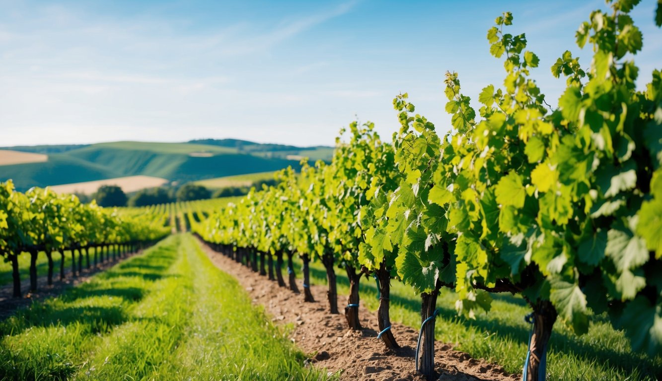 A lush vineyard with rows of organic grapevines under a clear blue sky, surrounded by rolling hills and a peaceful countryside