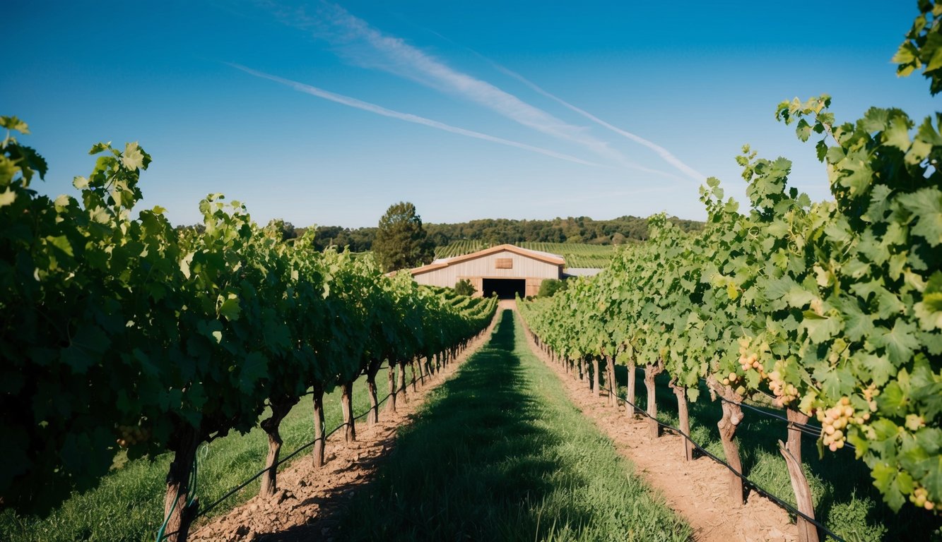 A vineyard with rows of lush, organic grapevines under a clear blue sky, with a rustic winery in the background