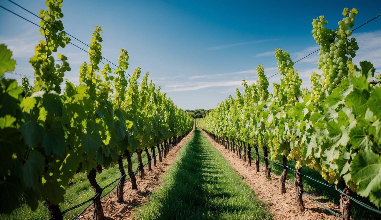 A lush vineyard with rows of organic grapevines stretching into the distance under a clear blue sky