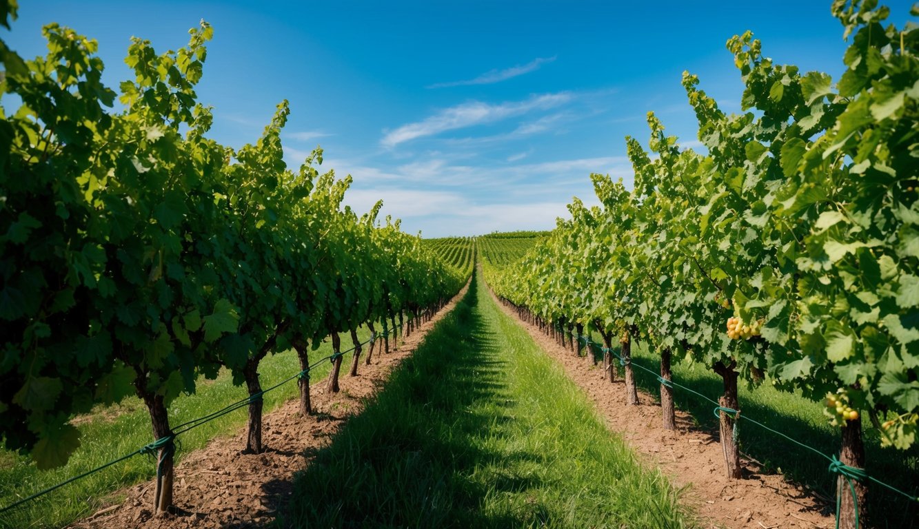 A vineyard with rows of lush, green grapevines under a clear blue sky, showcasing the natural beauty and organic farming practices of the top 7 organic wine brands