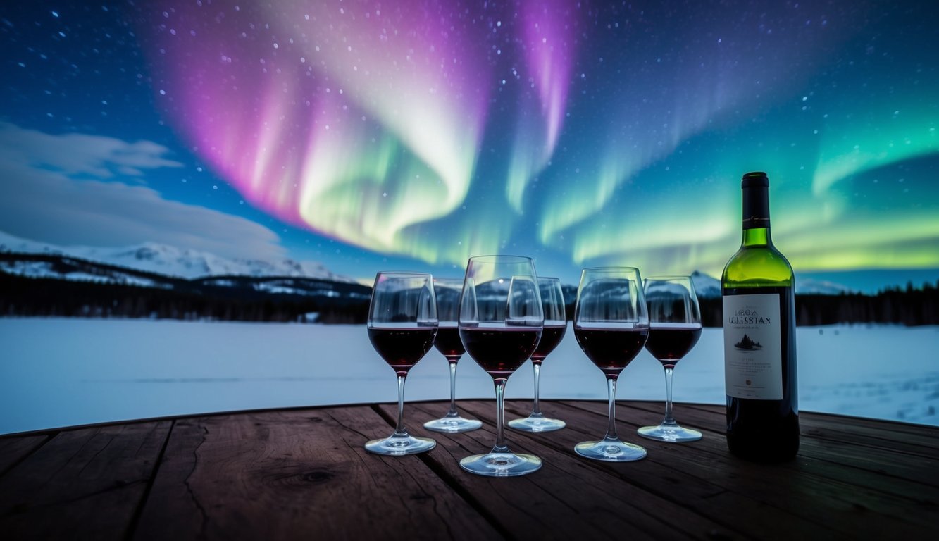 A snowy Alaskan landscape with colorful Northern Lights dancing in the night sky, illuminating a group of wine glasses set up for a wine tour