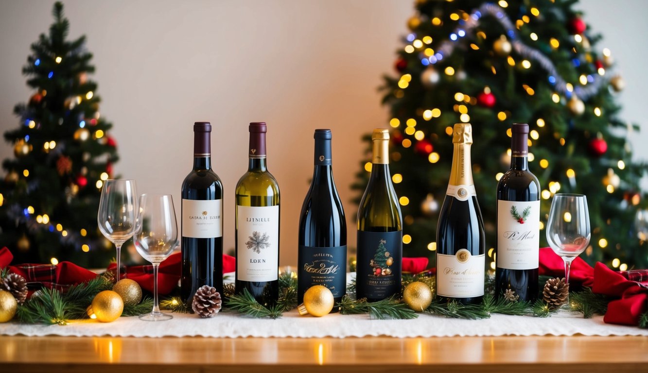 A festive table set with various wine bottles and glasses, surrounded by Christmas decorations and twinkling lights