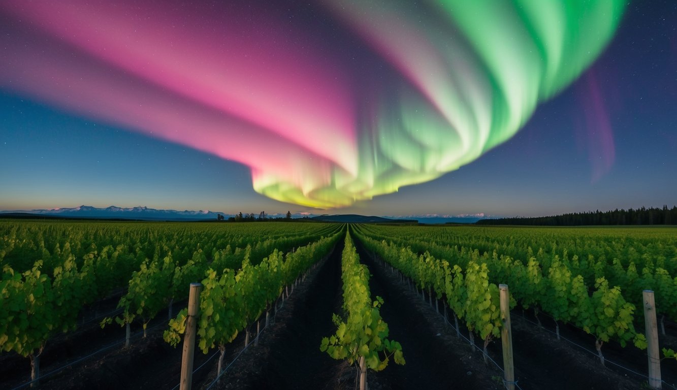 Vibrant green vineyard under swirling pink and green Northern Lights in Alaska