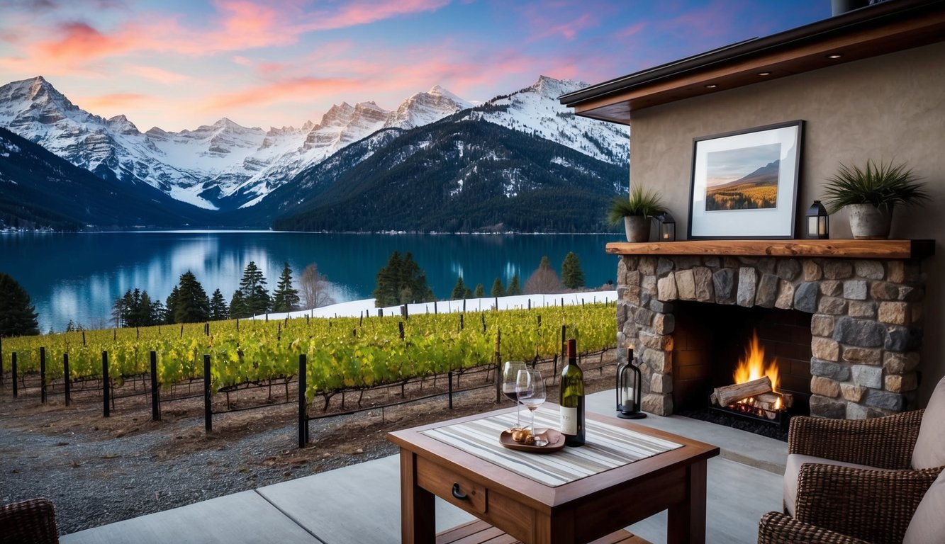 Vineyard overlooks snow-capped mountains and a pristine lake. A cozy tasting room with rustic decor and a crackling fireplace invites visitors to sample local wines