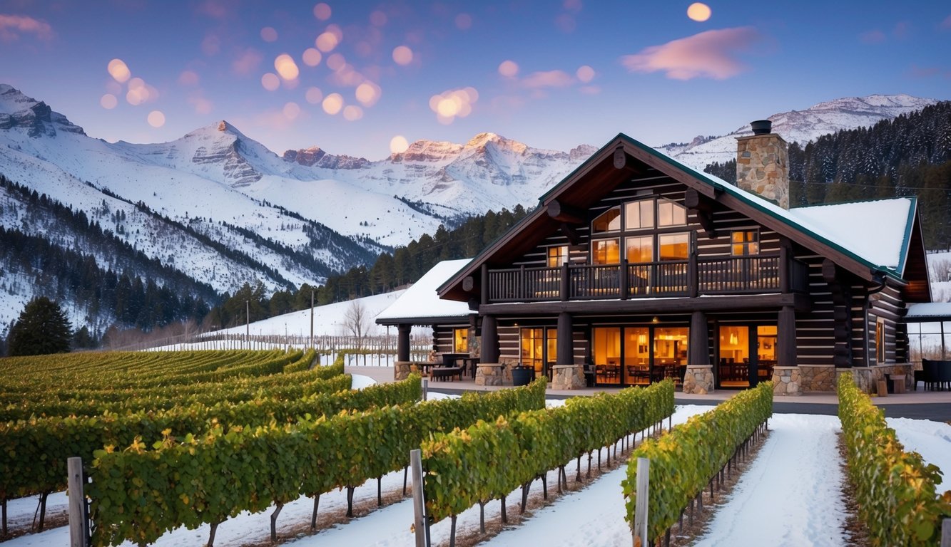 A cozy log cabin nestled in snowy mountains, surrounded by rows of vineyards and a warm, inviting tasting room